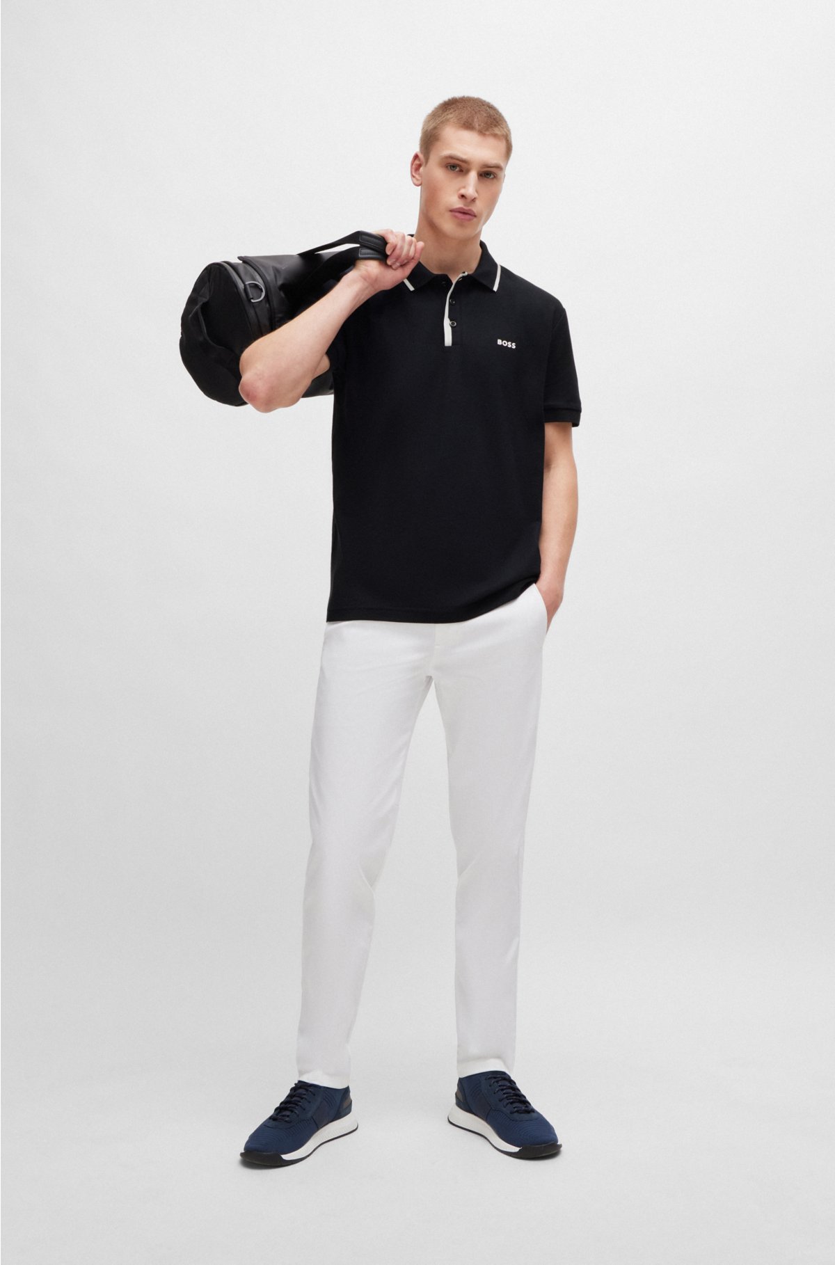 BOSS - Honeycomb-cotton polo shirt with contrast logo