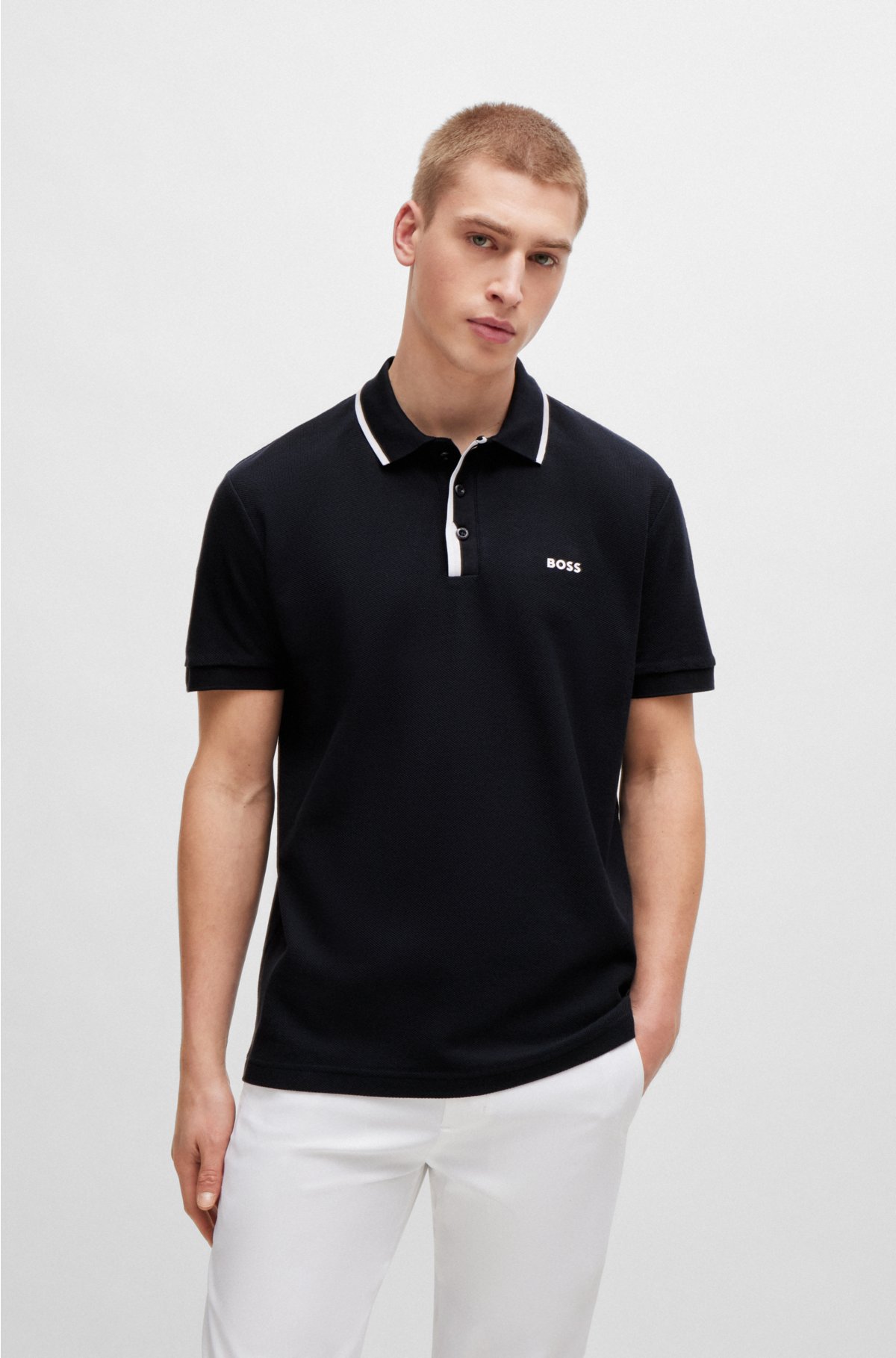 BOSS - Honeycomb-cotton polo shirt with contrast logo