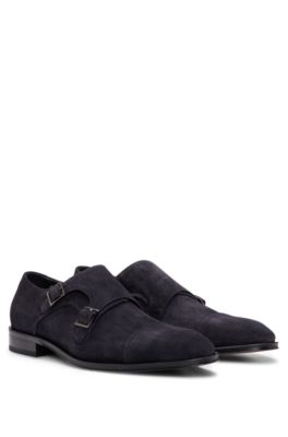 Hugo Boss Suede Shoes With Double-monk Strap And Cap Toe In Dark Blue