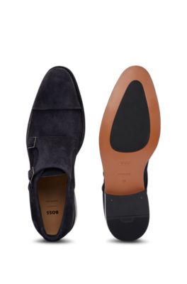 Suede shoes with double-monk strap and cap toe, Dark Blue