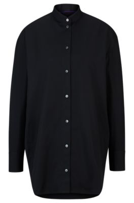 Hugo Boss Naomi X Boss Longline Cotton Blouse With Crinkle-free Effect In Black