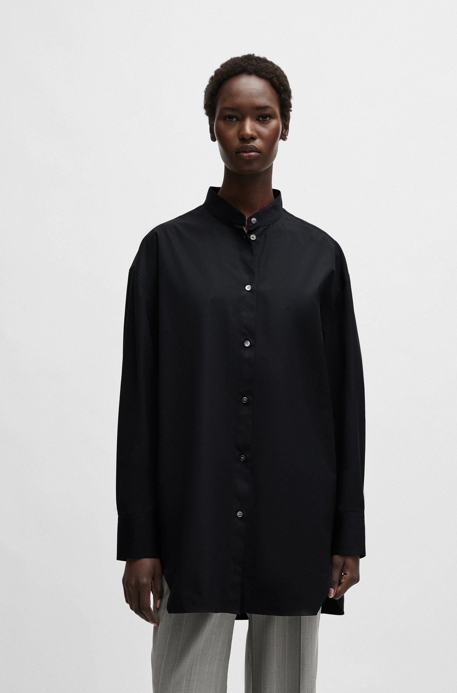 NAOMI x BOSS longline cotton blouse with crinkle-free effect