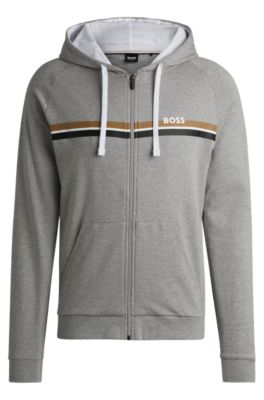 Shop Hugo Boss Cotton-terry Zip-up Hoodie With Stripes And Logo In Grey