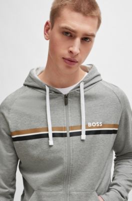 BOSS - Cotton-terry zip-up hoodie with stripes and logo - Grey
