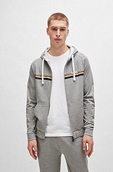 Cotton-terry zip-up hoodie with stripes and logo, Grey