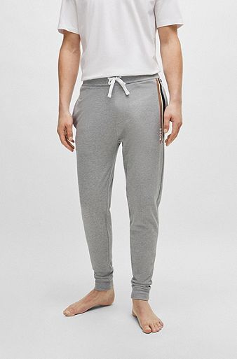 Cotton-terry tracksuit bottoms with stripes and logo, Grey