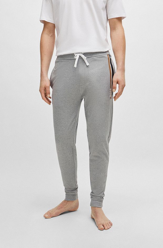 Cotton-terry tracksuit bottoms with stripes and logo, Grey