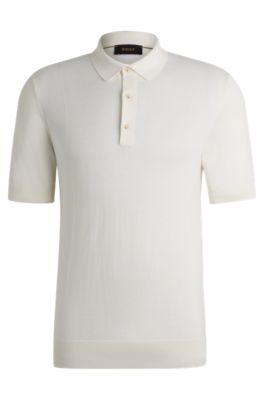 Shop Hugo Boss Polo-collar Regular-fit Sweater In Silk And Cotton In White