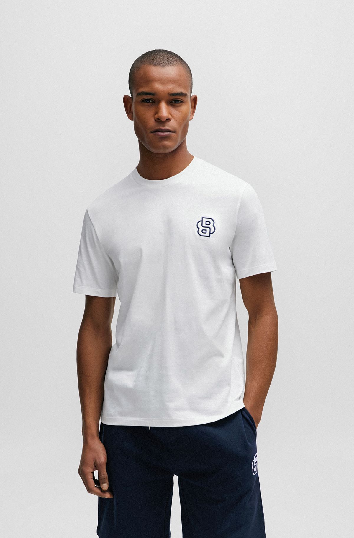 Cotton-jersey regular-fit T-shirt with double monogram, White
