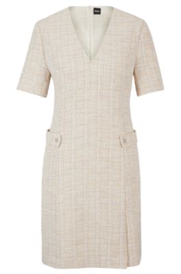 Hugo Boss V-neck Dress In Melange Tweed With Hardware-button Trims In Patterned