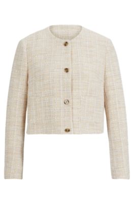 Shop Hugo Boss Collarless Regular-fit Jacket In Melange Tweed In Patterned