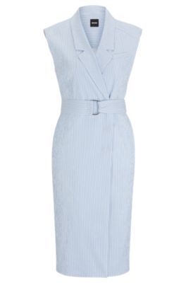 Shop Hugo Boss Wrap-front Dress In Striped Stretch-cotton Seersucker In Patterned