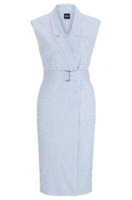 HUGO BOSS WRAP-FRONT DRESS IN STRIPED STRETCH-COTTON SEERSUCKER