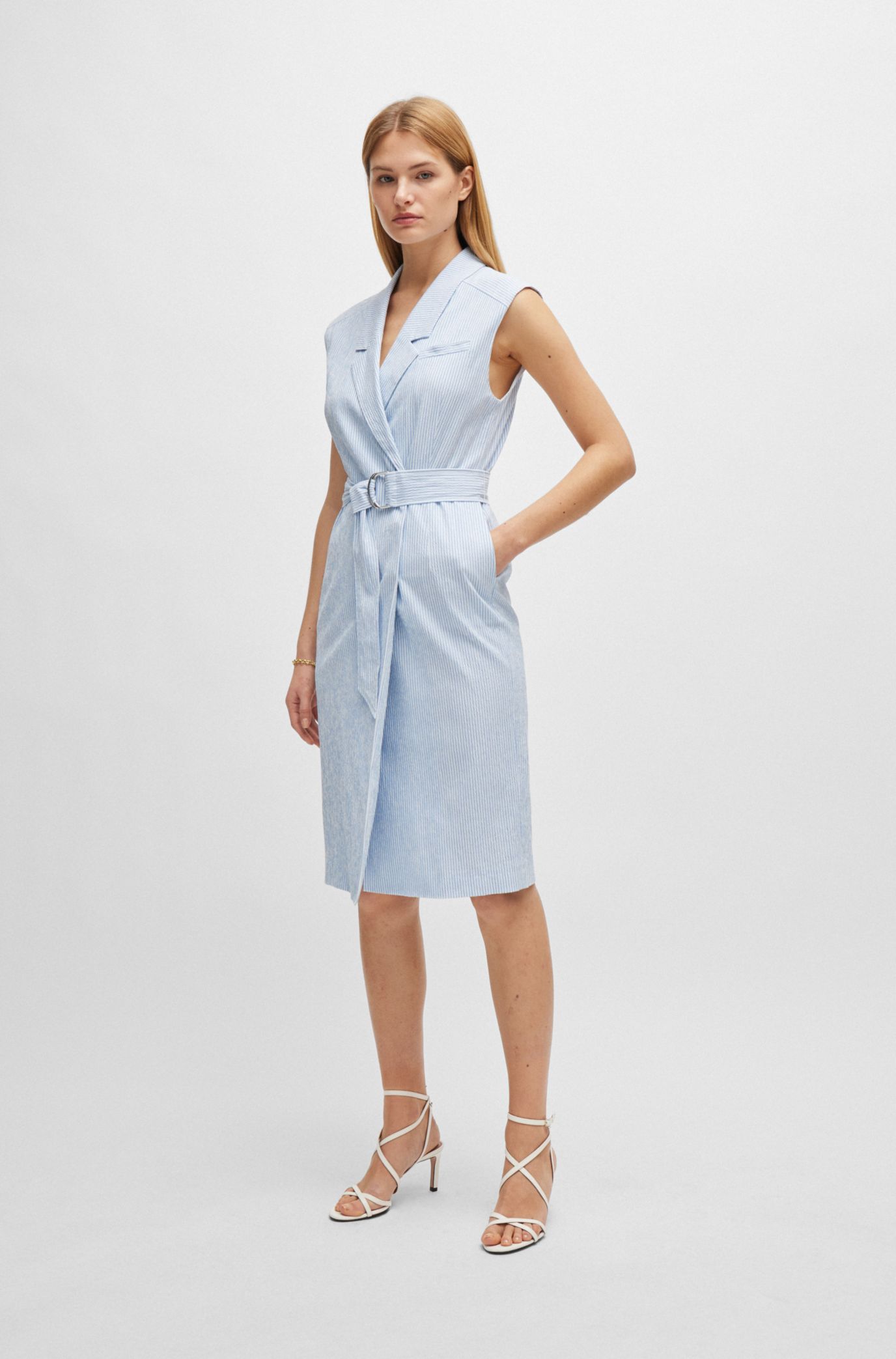 BOSS - Wrap-front dress in striped stretch-cotton seersucker