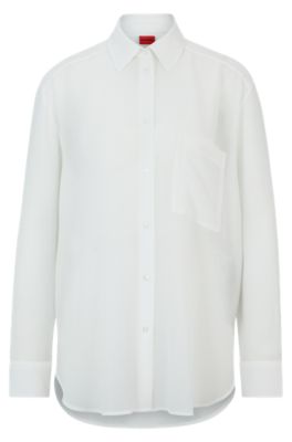 Shop Hugo Oversize-fit Blouse In Soft Seersucker With Point Collar In White