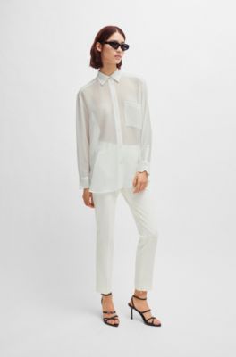 Oversize-fit blouse in soft seersucker with point collar, White