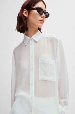 Oversize-fit blouse in soft seersucker with point collar, White