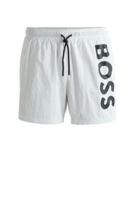 Hugo Boss Vertical-logo-print Swim Shorts In Quick-dry Poplin In Gray