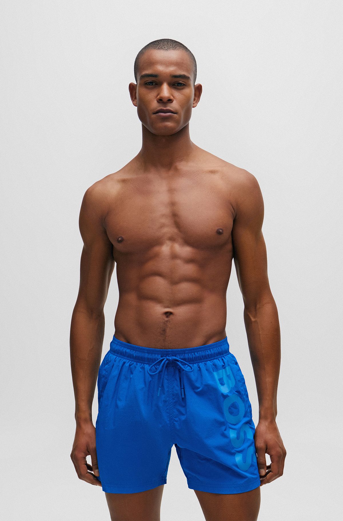 Vertical-logo-print swim shorts in quick-dry poplin, Blue