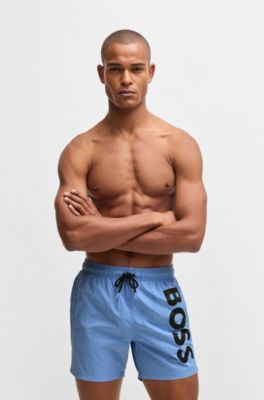 Fully lined swim shorts with logo print, Blue