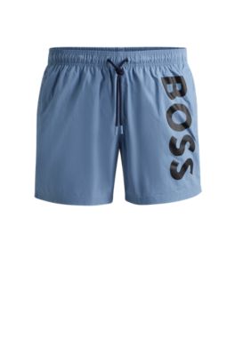Hugo Boss Vertical-logo-print Swim Shorts In Quick-dry Poplin In Light Blue