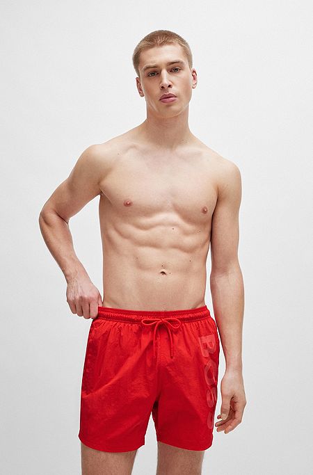Vertical-logo-print swim shorts in quick-dry poplin, Red