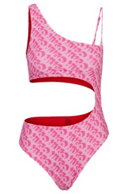 Logo-print swimsuit with cut-out detail, Pink