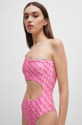 Logo-print swimsuit with cut-out detail, Pink