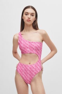 Logo-print swimsuit with cut-out detail, Pink
