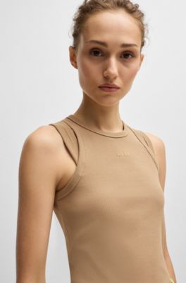 Stretch-cotton vest top with logo detail, Light Brown