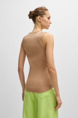 Stretch-cotton vest top with logo detail, Light Brown