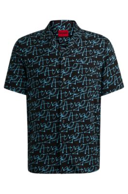 Shop Hugo Relaxed-fit Short-sleeved Shirt With Seasonal Print In Turquoise