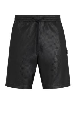 Hugo Perforated Faux-leather Shorts With Stacked Logo In Black