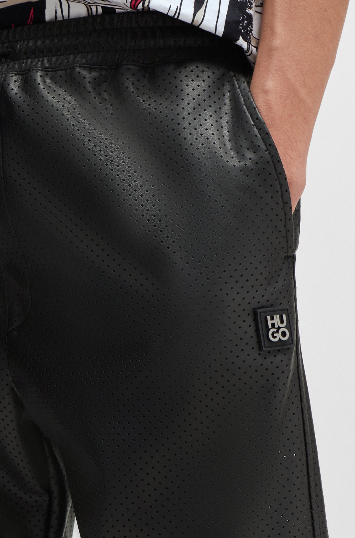 HUGO - Perforated faux-leather shorts with stacked logo - Black HUGO - Perforated faux-leather shorts with stacked logo - Black