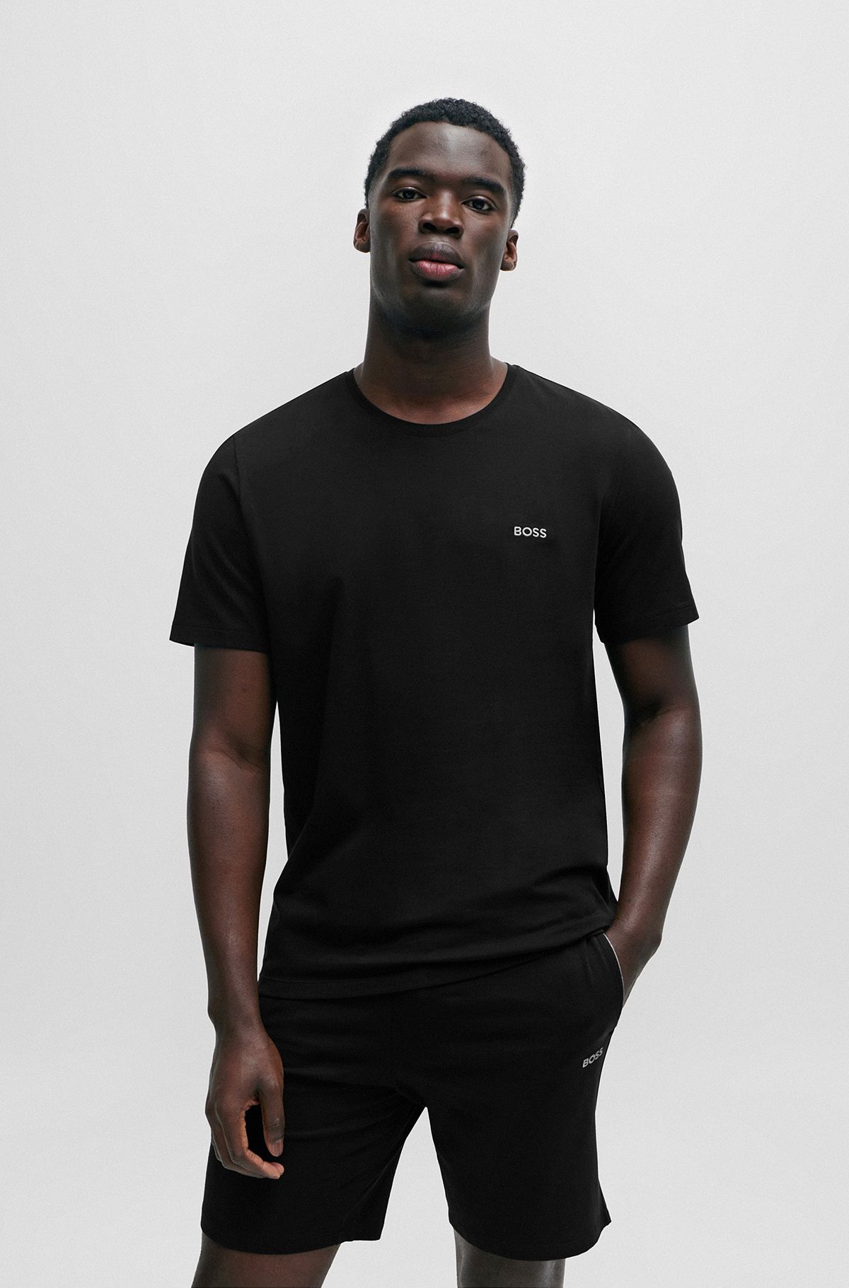 Camiseta regular fit de algodón elástico con detalle de logo, Negro