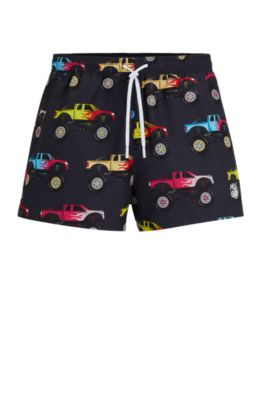 Hugo Quick-dry Swim Shorts With Monster-truck Print In Patterned