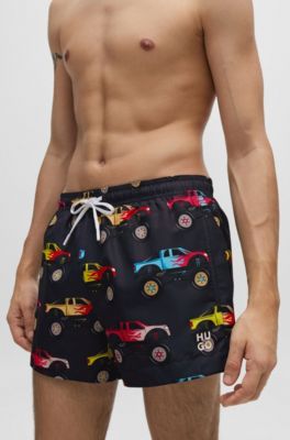 Quick-dry swim shorts with monster-truck print, Patterned