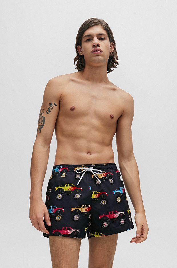 Quick-dry swim shorts with monster-truck print, Patterned