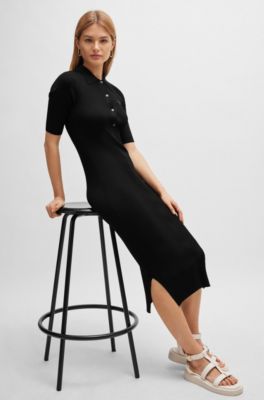 Button-placket dress with double monogram, Black