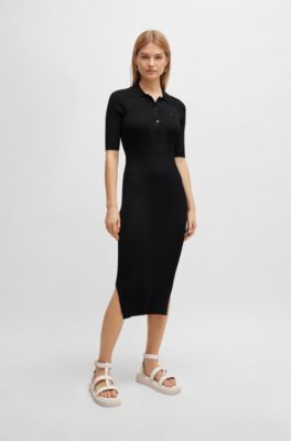 Button-placket dress with double monogram, Black