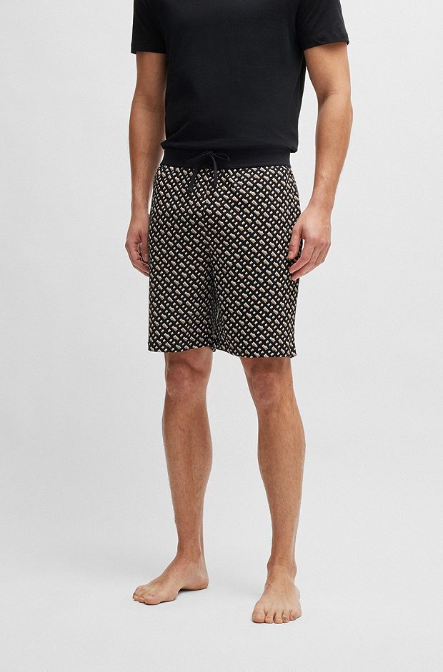 Interlock-cotton pajama shorts with monogram pattern, Khaki