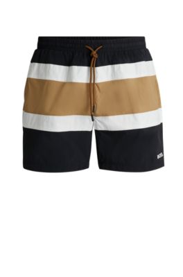 Quick-dry swim shorts with block stripes, Black