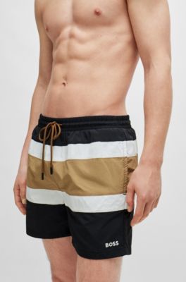 Quick-dry swim shorts with block stripes, Black