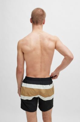 Quick-dry swim shorts with block stripes, Black
