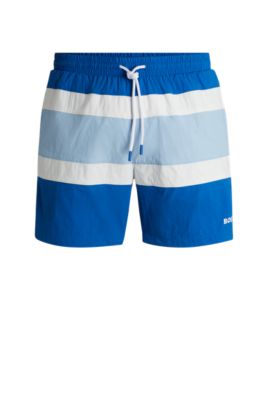 Quick-dry swim shorts with block stripes, Blue