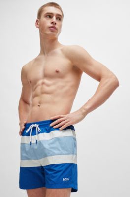 Quick-dry swim shorts with block stripes, Blue