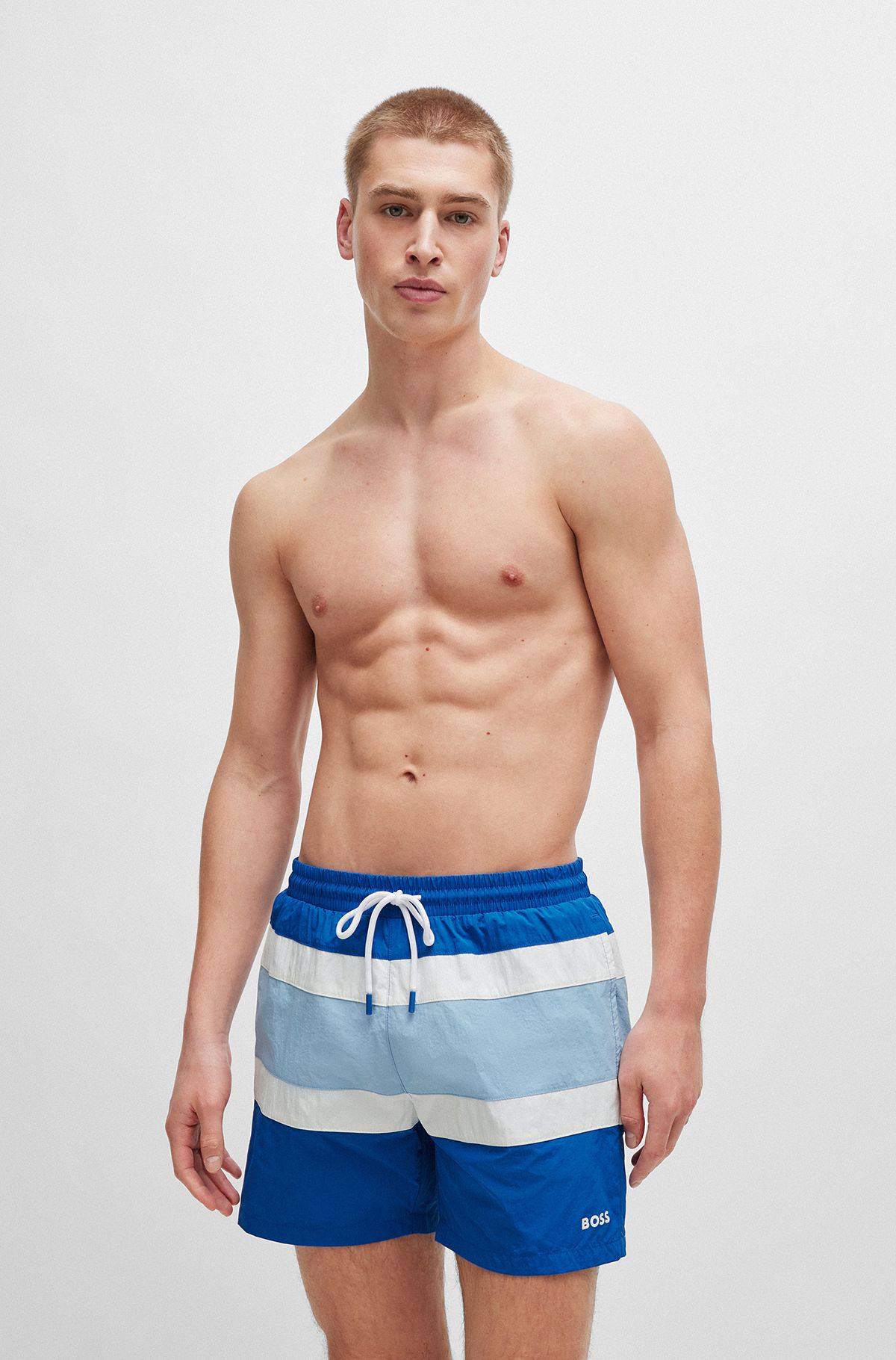 Quick-dry swim shorts with block stripes, Blue