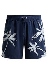 Quick-dry swim shorts with seasonal pattern, Dark Blue