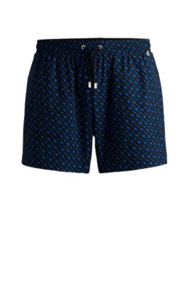 Hugo Boss Fully Lined Quick-dry Swim Shorts With Monogram Print In Blue