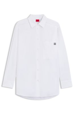 Hugo Boss Oversize-fit Blouse In Cotton Canvas With Point Collar In White
